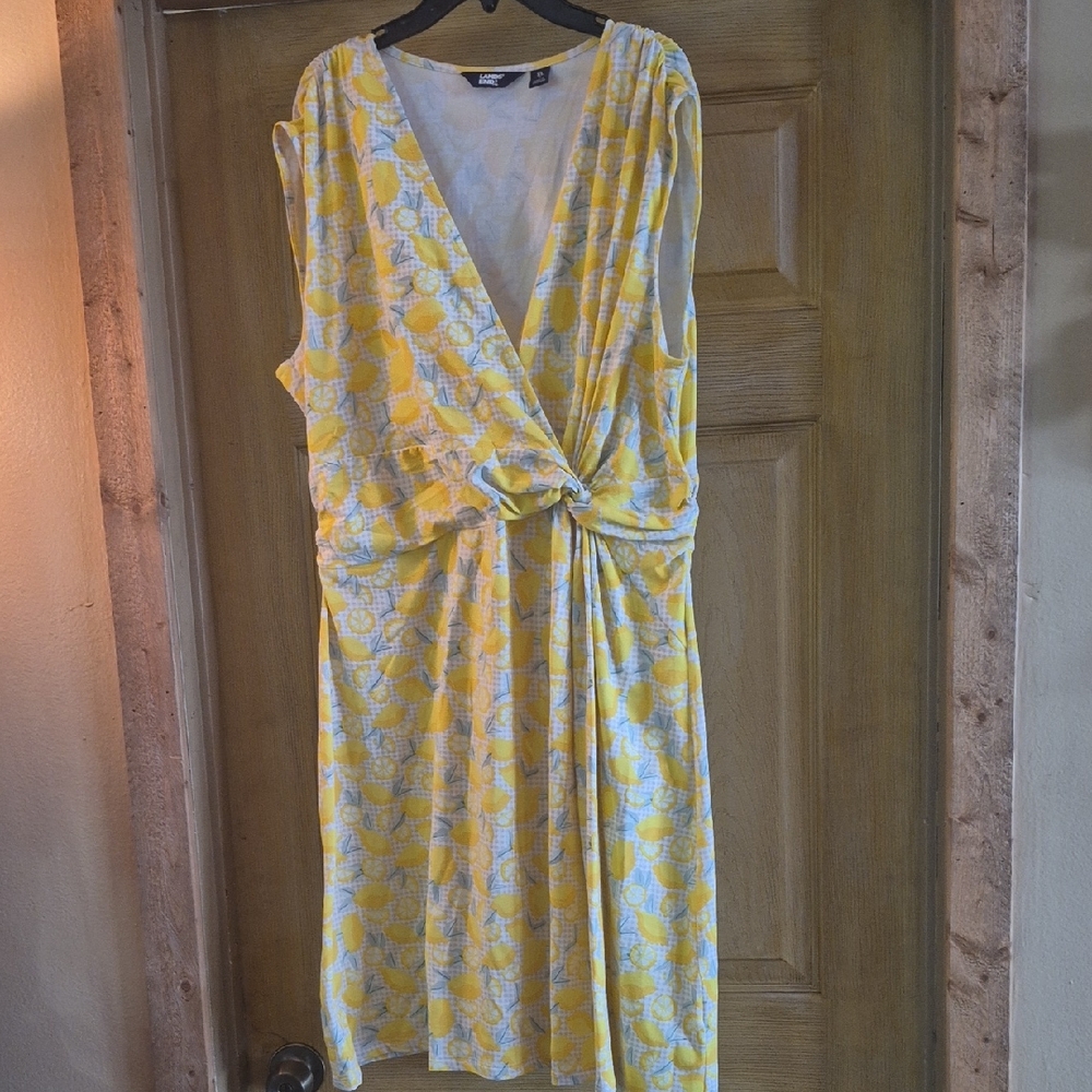 Lands' End Yellow White Midi Dress Sleeveless Xl Lemon Print Summer Picnic Soft